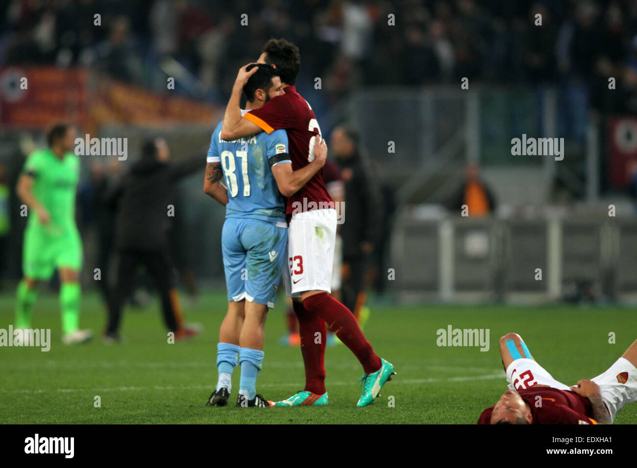 Roma, Italia. 11 gennaio, 2015. Stadio olimpico di Serie A - Campionato Italiano - a.s. Roma vs S.S. Lazio , 18° match tra Roma vs Lazio 2-2 cliente: Mauri (laz) Anderson (laz) Totti (RM) Totti (RM) . Marco Iacobucci/alamy Foto Stock