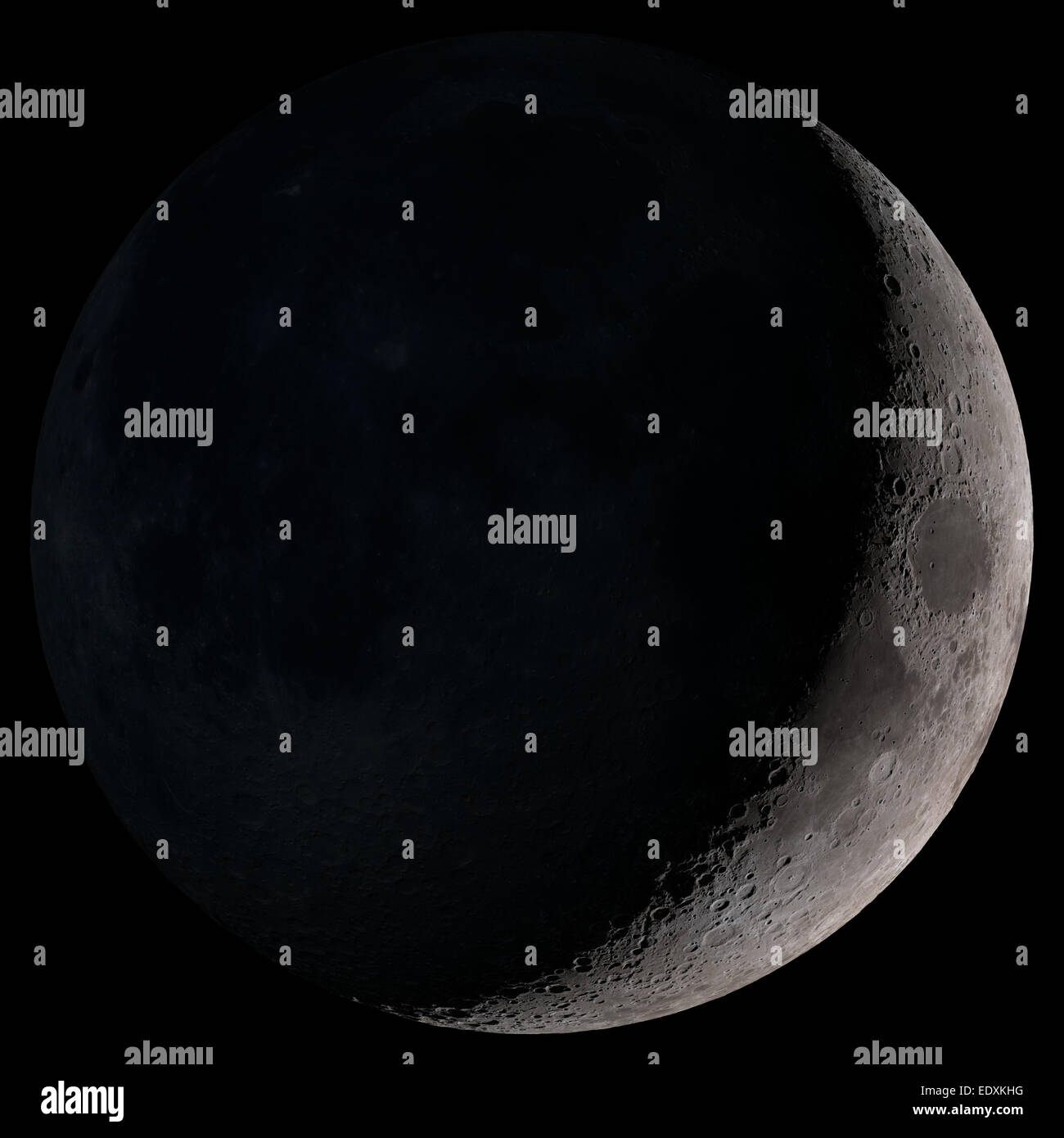 Waxing crescent. Visibile verso il sud-ovest in prima serata. NASA Lunar Reconnaissance Orbiter (LRO) Foto Stock