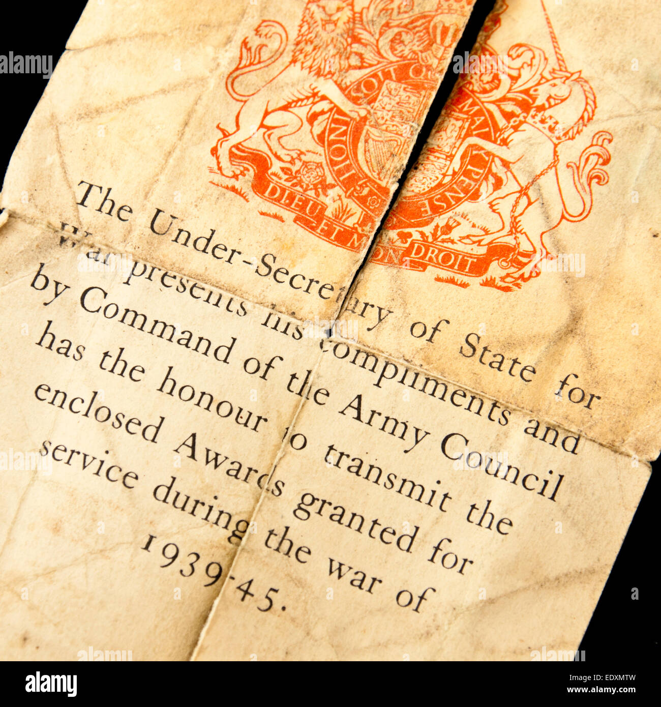 British WW2 Service carta di riconoscimento rilasciato con le medaglie della campagna da parte del Sottosegretario di Stato per la guerra. Foto Stock