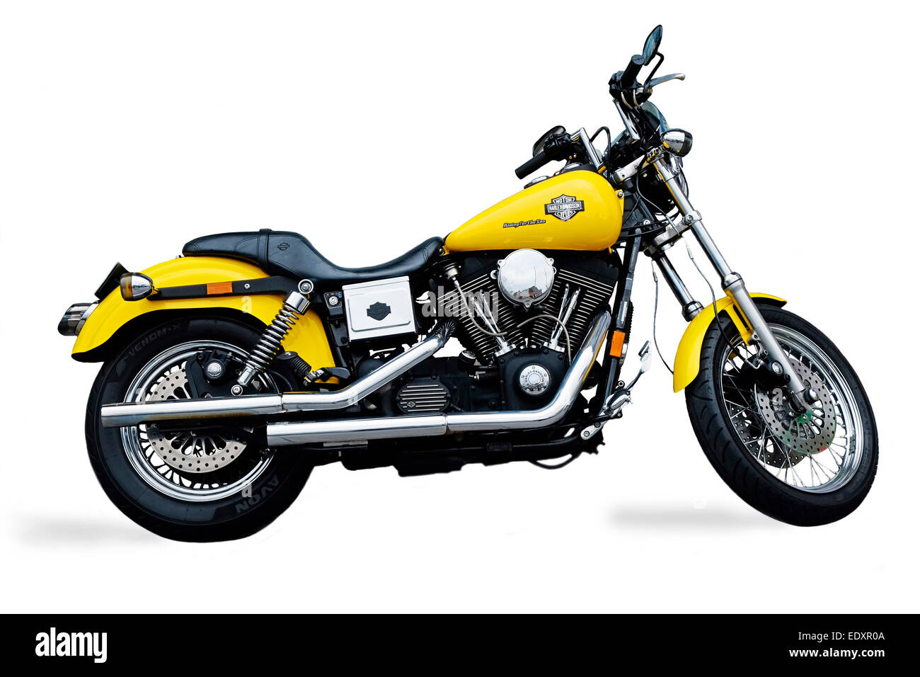 Harley Davidson Moto Cruiser tagliati fuori e giallo cromo, Dublin Foto Stock