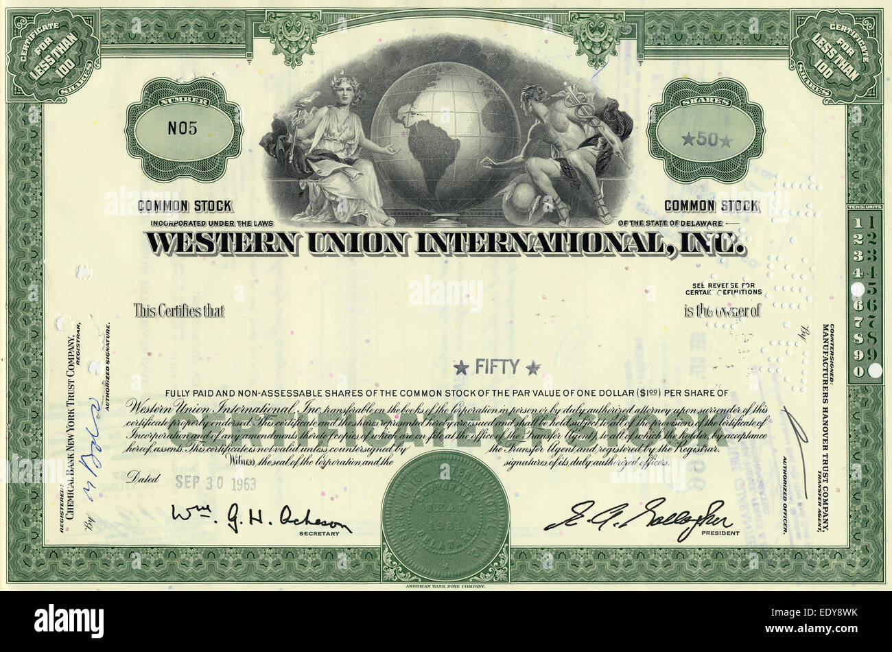 La quota storica certificato, Western Union International Inc., 1963, DELAWARE, STATI UNITI D'AMERICA Foto Stock
