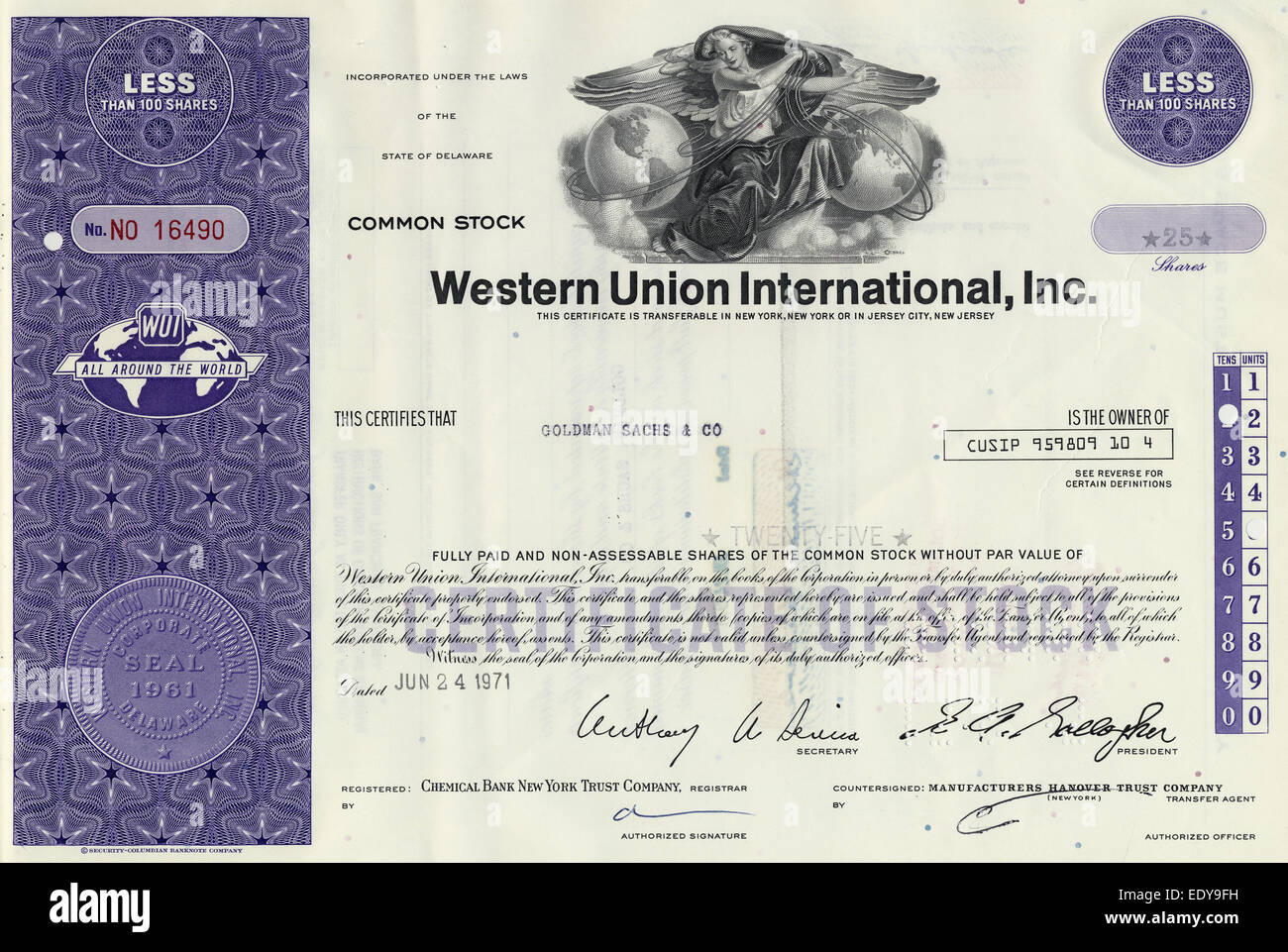 La quota storica certificato, Western Union International, Goldman Sachs & Co, 1971, New York, U Foto Stock