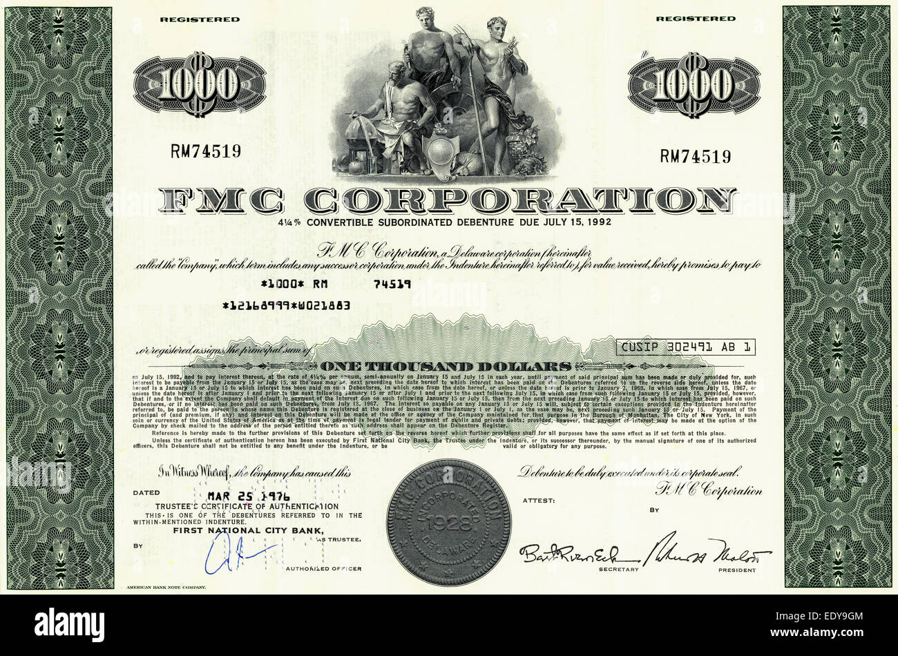 La quota storica certificato, FMC Corporation, 1976, New York, Stati Uniti d'America Foto Stock