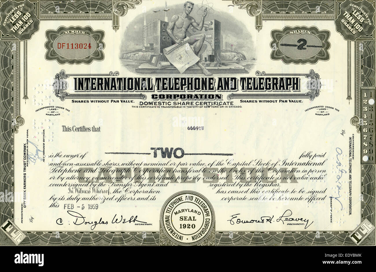 La quota storica certificato, Telefono per chiamate internazionali e telegrafo Corporation, USA, 1959 Foto Stock