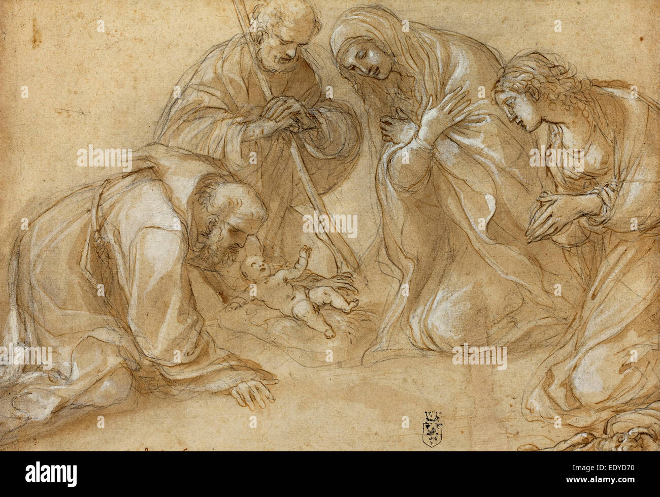 Lodovico Carracci (italiano, 1555 - 1619), la Natività con i Santi Francesco e Agnese, c. 1605, a penna e inchiostro bruno e lavaggio marrone Foto Stock