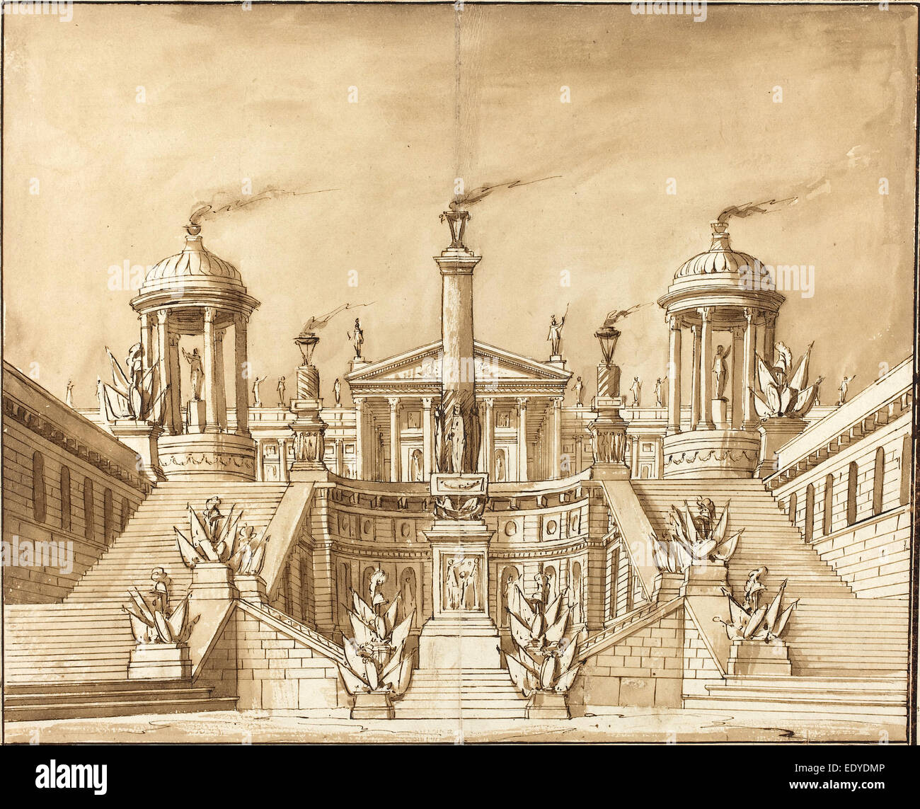 Pietro Gonzaga (italiano, 1751 - 1831), la fantasia di un Campidoglio antico con trofei e Grand scale, c. 1800, penna Foto Stock