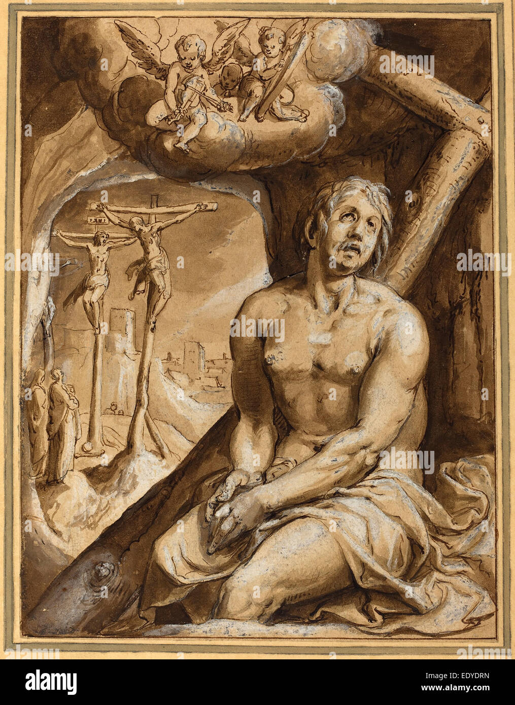 Karel van Mander I (Netherlandish, 1548 - 1606), il buon ladrone, penna e inchiostro marrone con marrone e arancione?) lavare Foto Stock