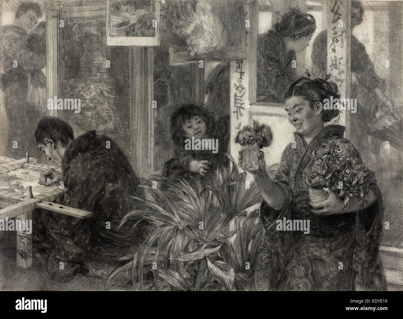 Adolph Menzel (tedesco, 1815 - 1905), artista giapponese sul lavoro, 1886, grafite su cartone Foto Stock