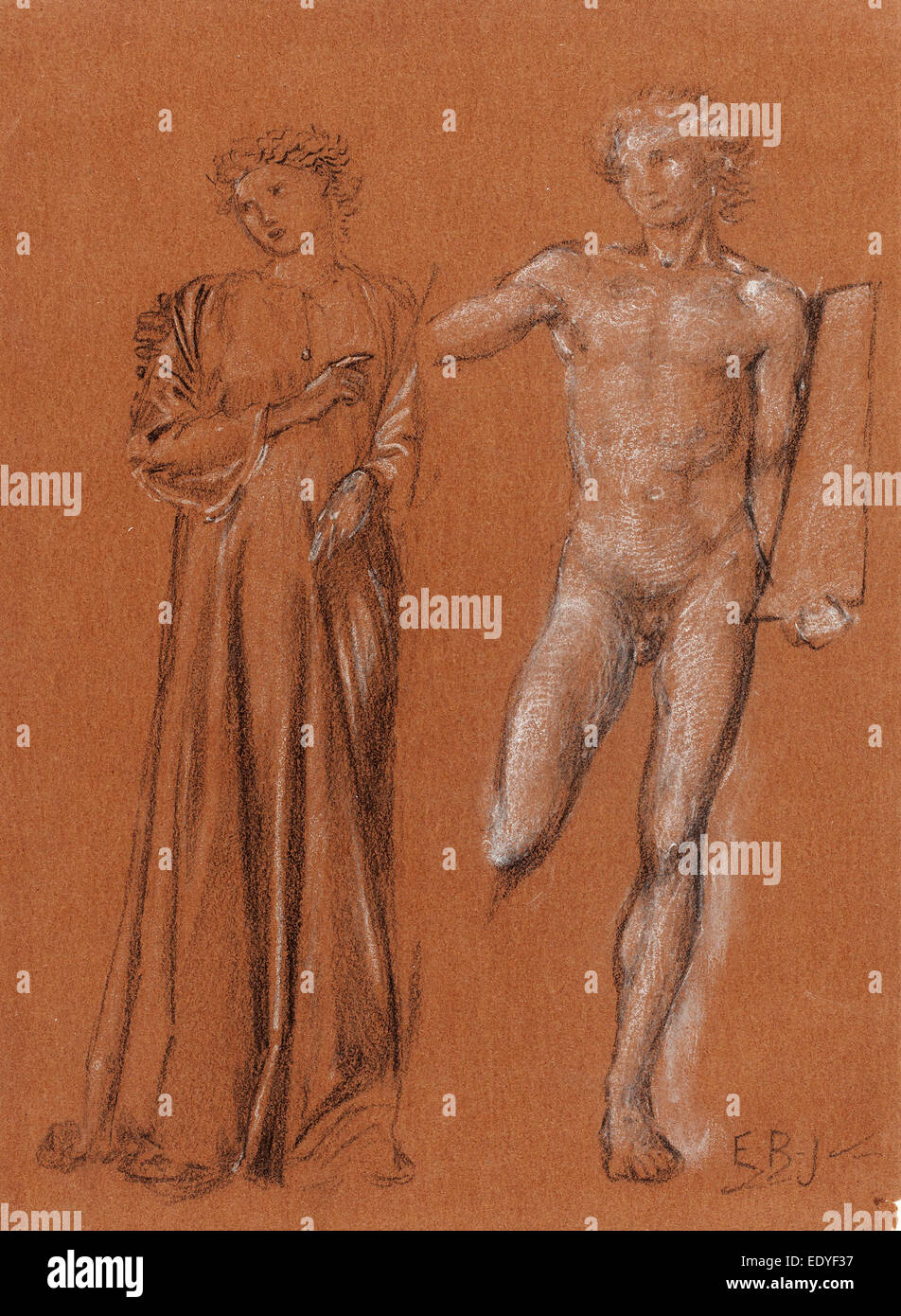 Sir Edward Coley Burne-Jones (British, 1833 - 1898), Orfeo ed Euridice, il nero e il bianco gesso con tracce di grafite Foto Stock