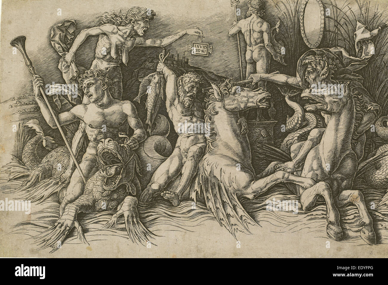 Andrea Mantegna (Italiano, c. 1431 - 1506), la battaglia del mare dei [metà sinistra], c. 1485-1488, incisioni su carta vergata Foto Stock