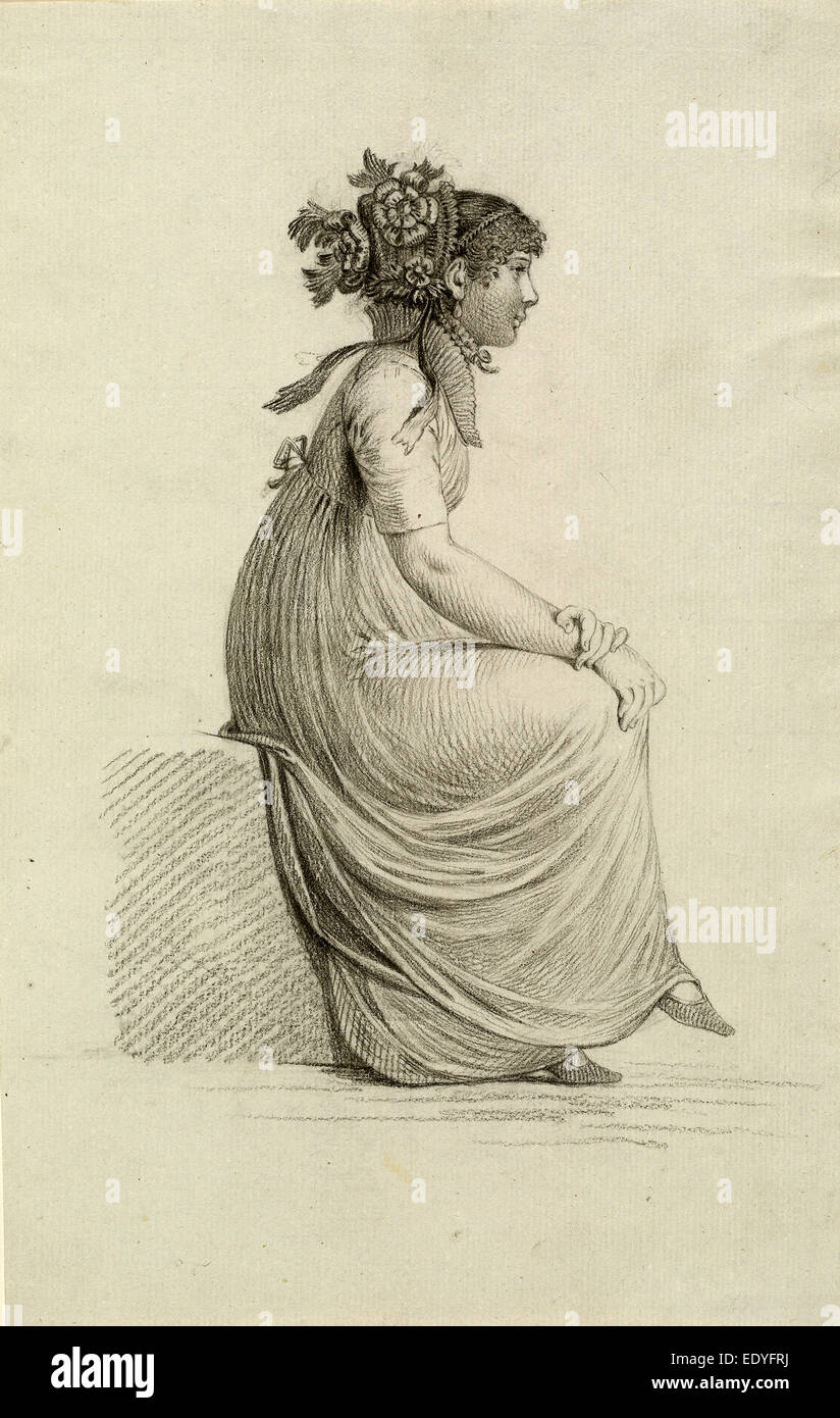 Carl Wilhelm Kolbe (tedesco, 1759 - 1835), un giovane seduto donna che indossa un cappello alla moda, 1800-1803, gesso nero Foto Stock