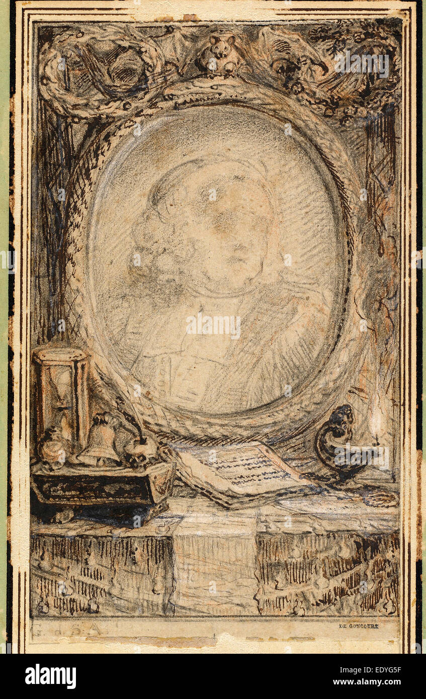 Gabriel Jacques de Saint-Aubin, allegorico Frame con un Bat, francese, 1724 - 1780, c. 1769, la penna e il marrone scuro inchiostro su grafite Foto Stock