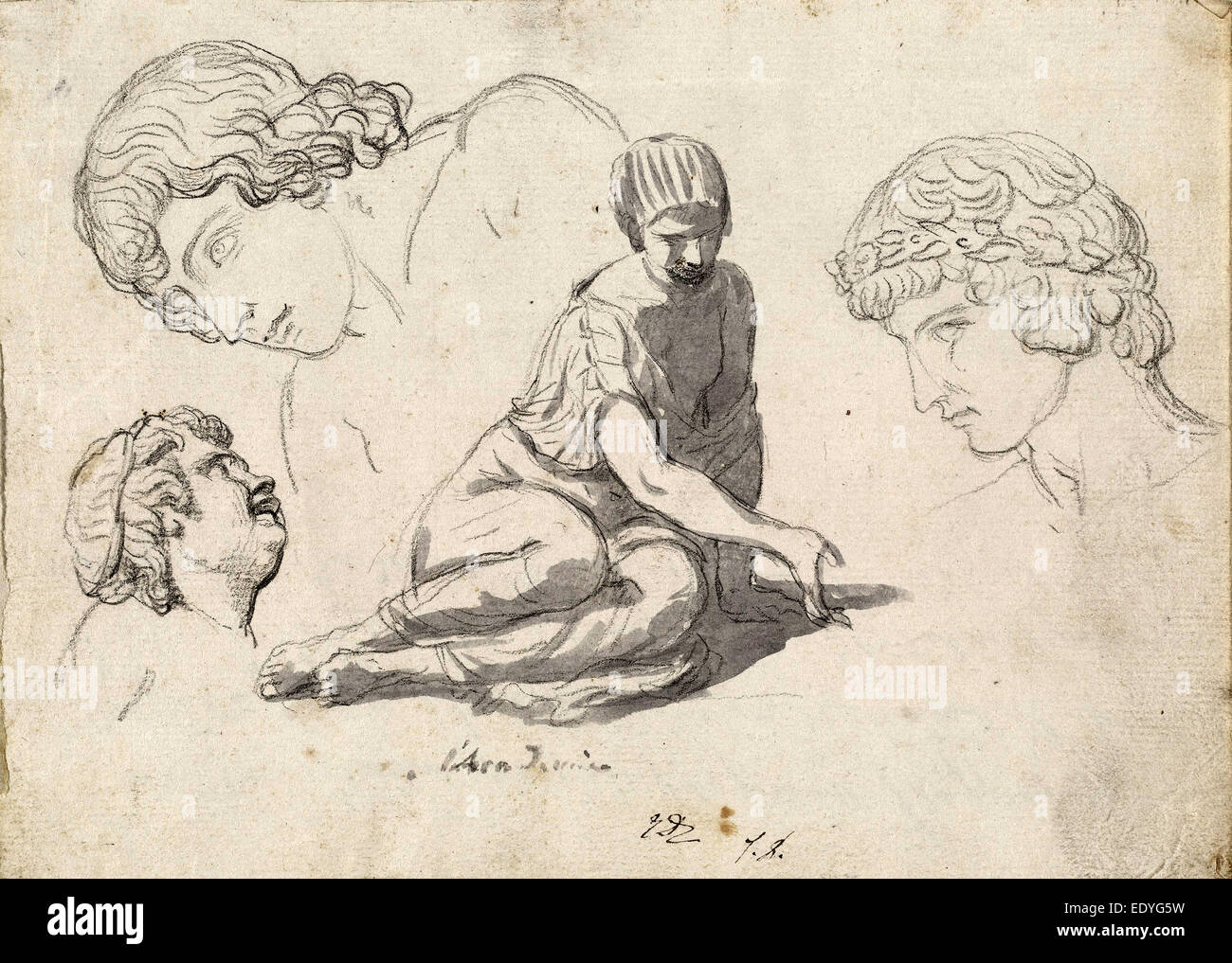 Jacques-Louis David, Dice-Thrower e altri studi dopo sculture antiche, francese, 1748 - 1825, 1775-80, gesso nero Foto Stock