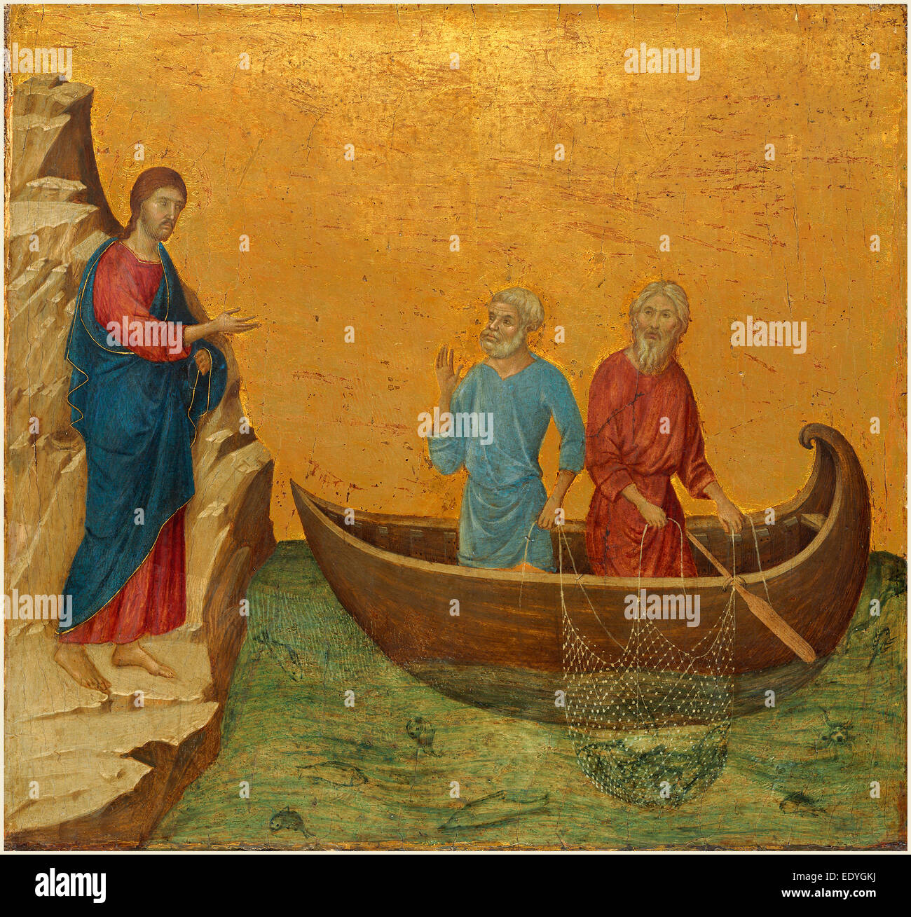 Duccio di Buoninsegna, italiano (c. 1255-1318), la chiamata degli Apostoli Pietro e Andrea, 1308-1311, tempera su pannello Foto Stock