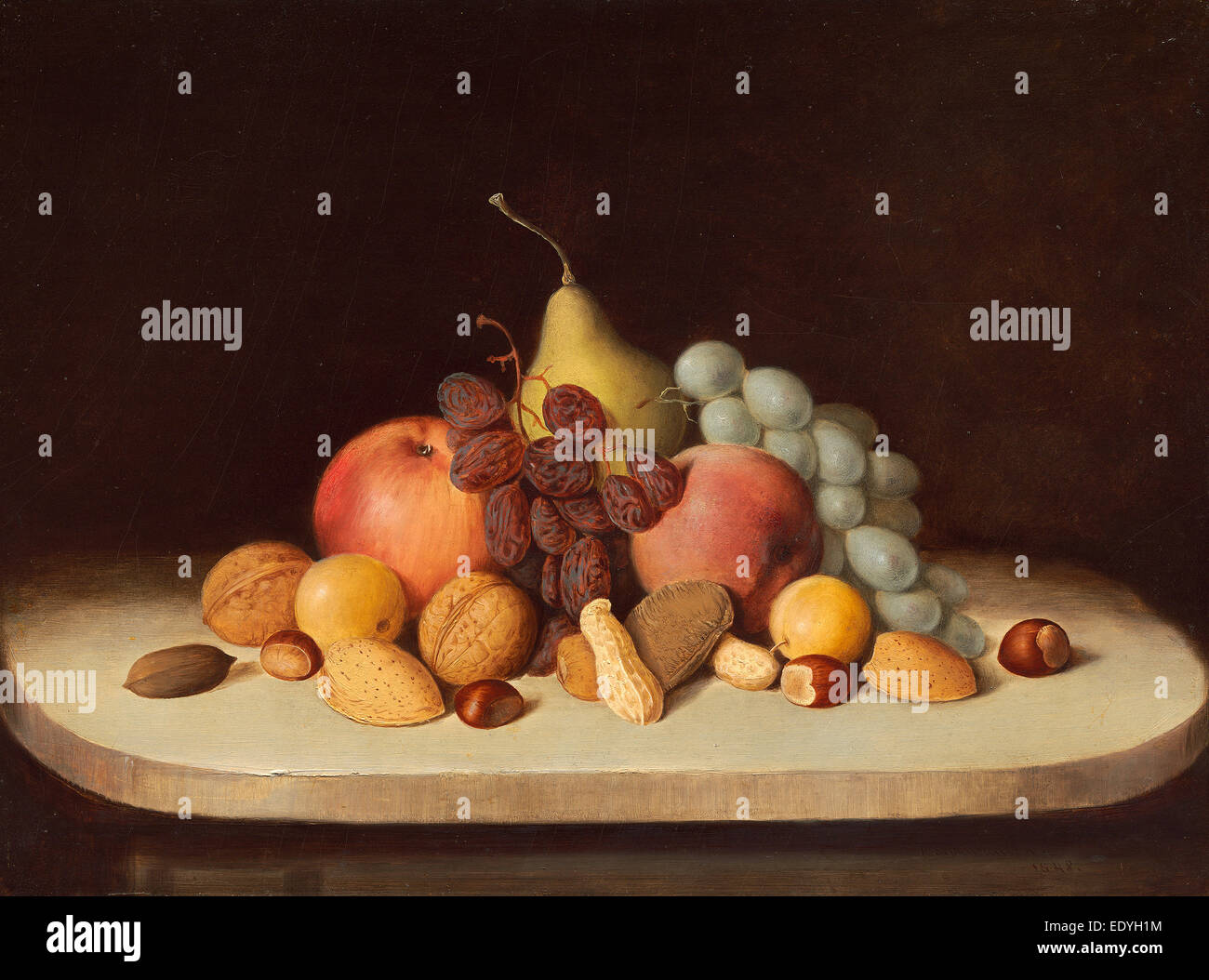 Robert Seldon Duncanson, Still Life con frutta e noci, American, 1821 - 1872, 1848, olio su tavola Foto Stock