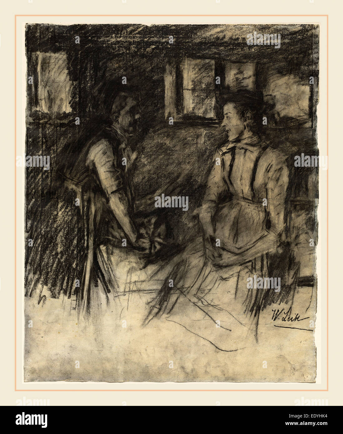 Wilhelm Leibl, tedesco (1844-1900), due donne in cucina, 1895-1897, grafite e gesso nero con sconcertante sulla vecchia carta vergata Foto Stock