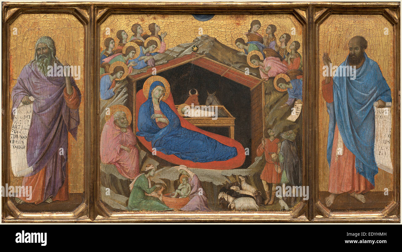 Duccio di Buoninsegna, italiano (c. 1255-1318), la Natività con i profeti Isaia ed Ezechiele, 1308-1311, tempera Foto Stock