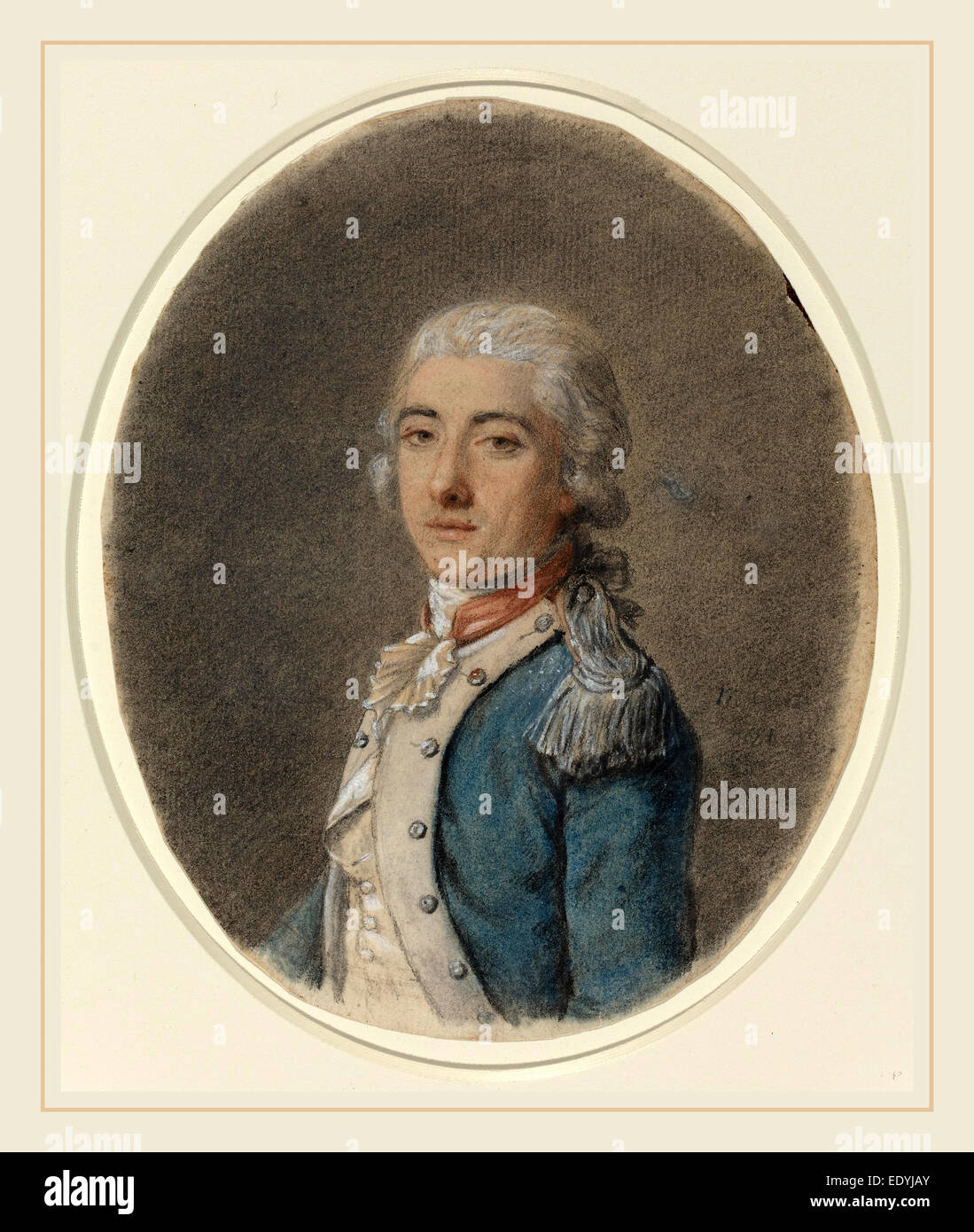 Il francese del XVIII secolo, il Ritratto di un uomo in uniforme militare, XVIII secolo, nero, blu e rosso chalk accresciuta con il bianco Foto Stock