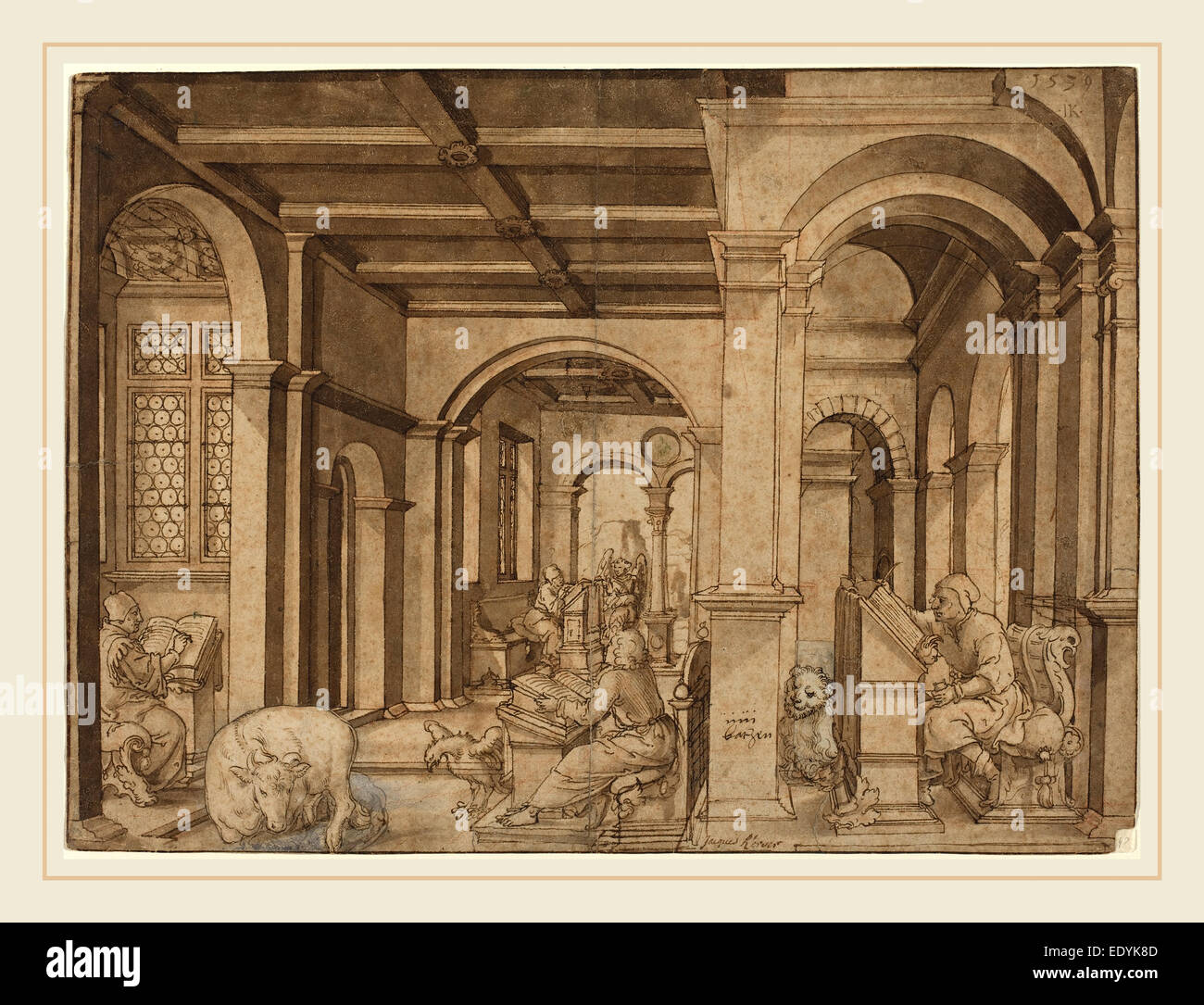 Master I.K., tedesco (attivo secondo quarto del XVI secolo), Quattro Evangelisti in un Scriptorium, 1539, a penna e inchiostro bruno Foto Stock