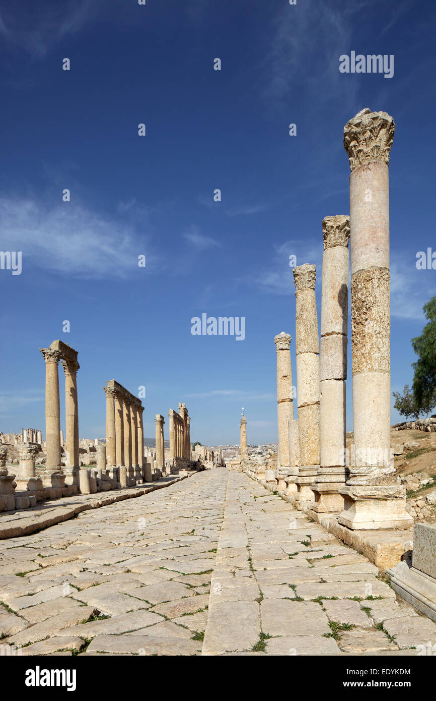 Strada principale Cardo Maximus, colonne, antica città romana di Jerash, parte della Decapoli, Jerash Jerash, Governatorato, Giordania Foto Stock