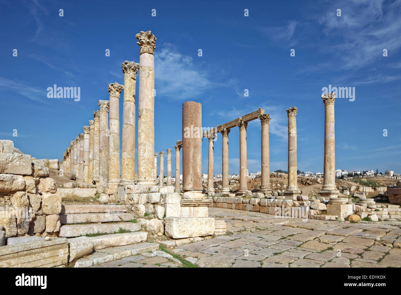 Strada principale Cardo Maximus, colonne, antica città romana di Jerash, parte della Decapoli, Jerash Jerash, Governatorato, Giordania Foto Stock