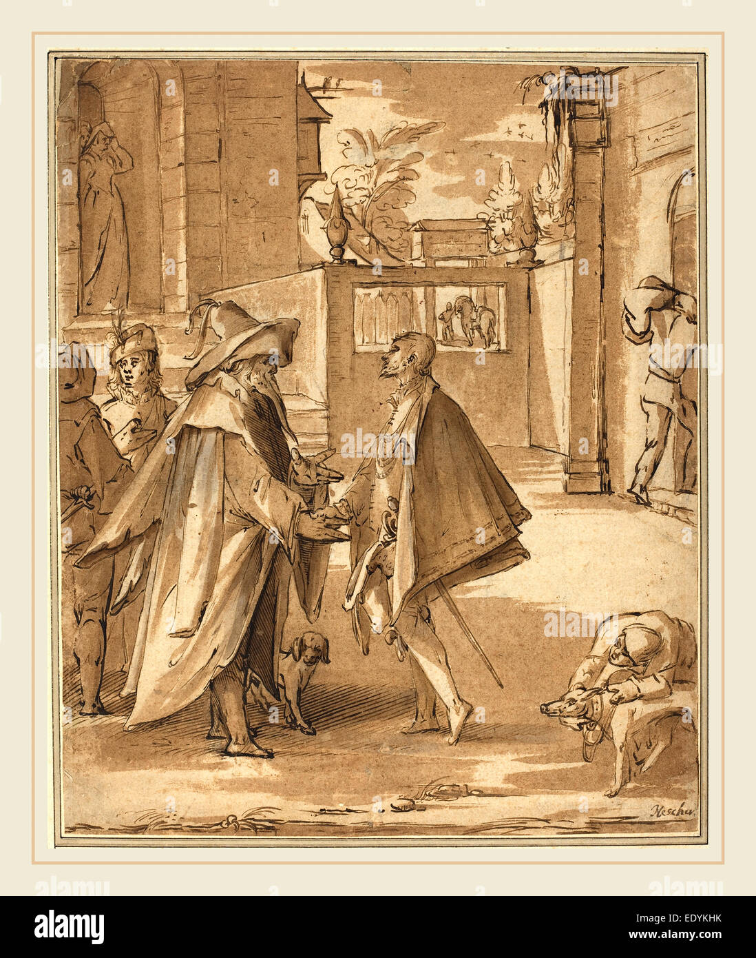 Karel van Mander I (Netherlandish, 1548-1606), la partenza del figlio prodigo, penna e inchiostro bruno marrone con il lavaggio Foto Stock
