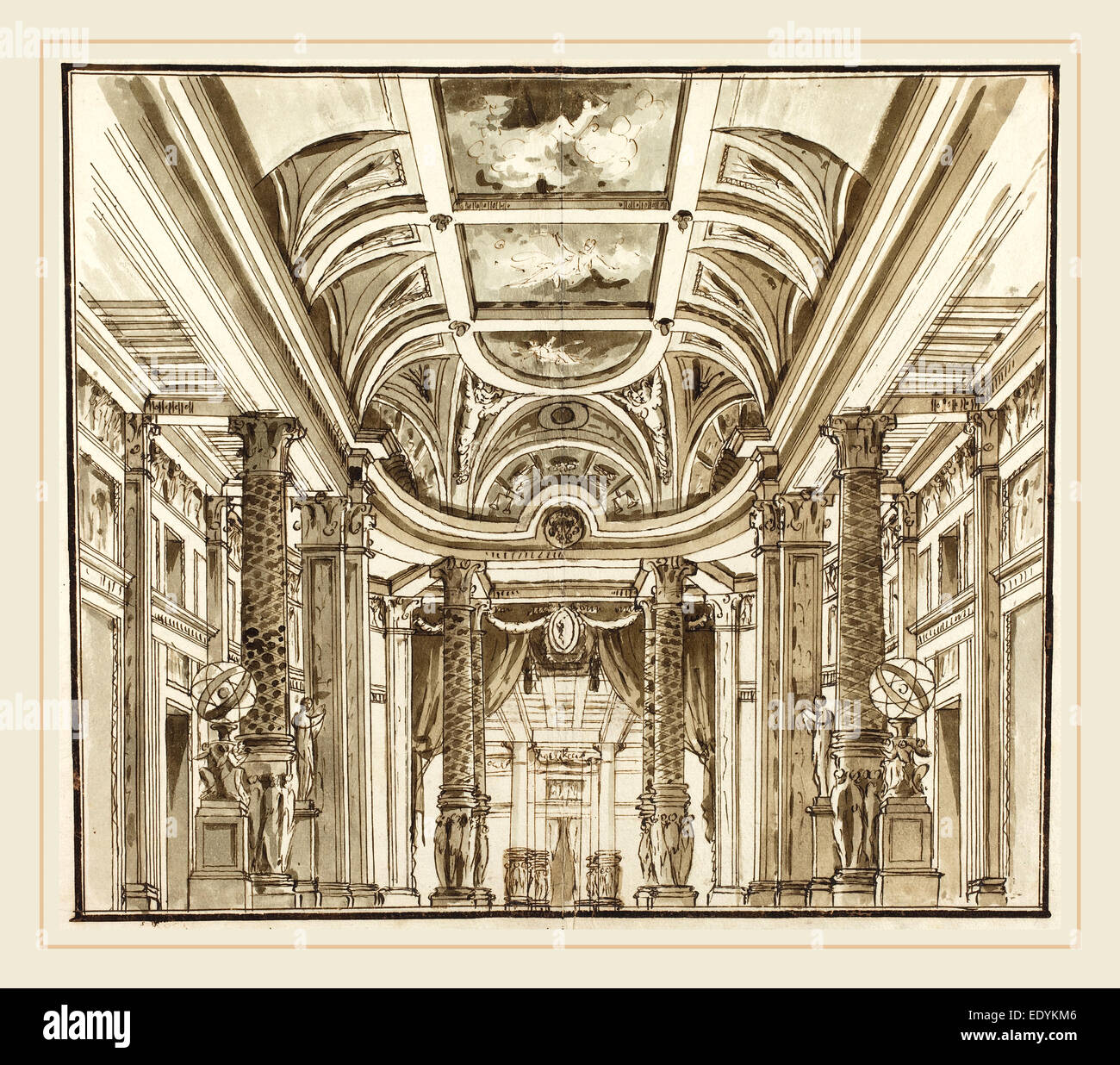 Pietro Gonzaga, italiano (1751-1831), la fantasia di un grande salone con colonne canestro, c. 1800, a penna e inchiostro bruno Foto Stock