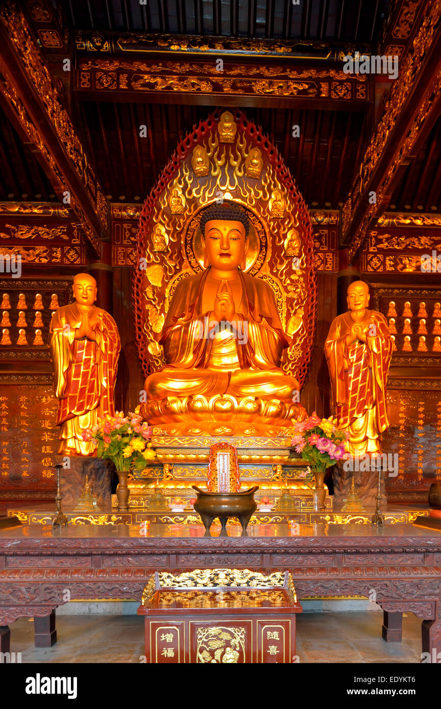 Golden statua del Buddha e le reliquie all'interno del gigante della Pagoda dell'Oca Selvaggia, X'ian, Provincia di Shaanxi, Cina Foto Stock