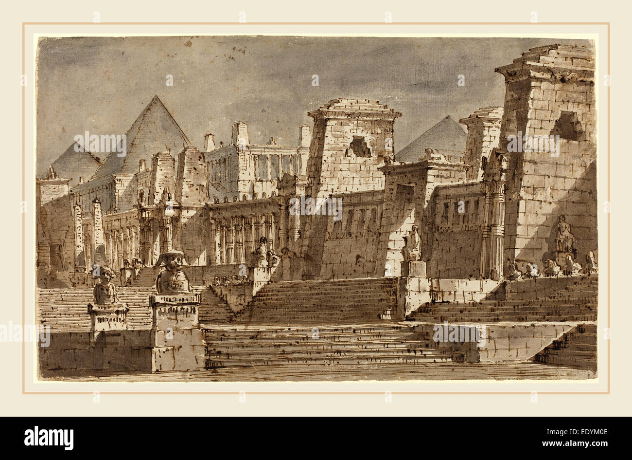 Pietro Gonzaga, italiano (1751-1831), un Egiziano Scenografia, c. 1815, a penna e inchiostro bruno con il grigio e marrone sul lavaggio di cui la carta Foto Stock