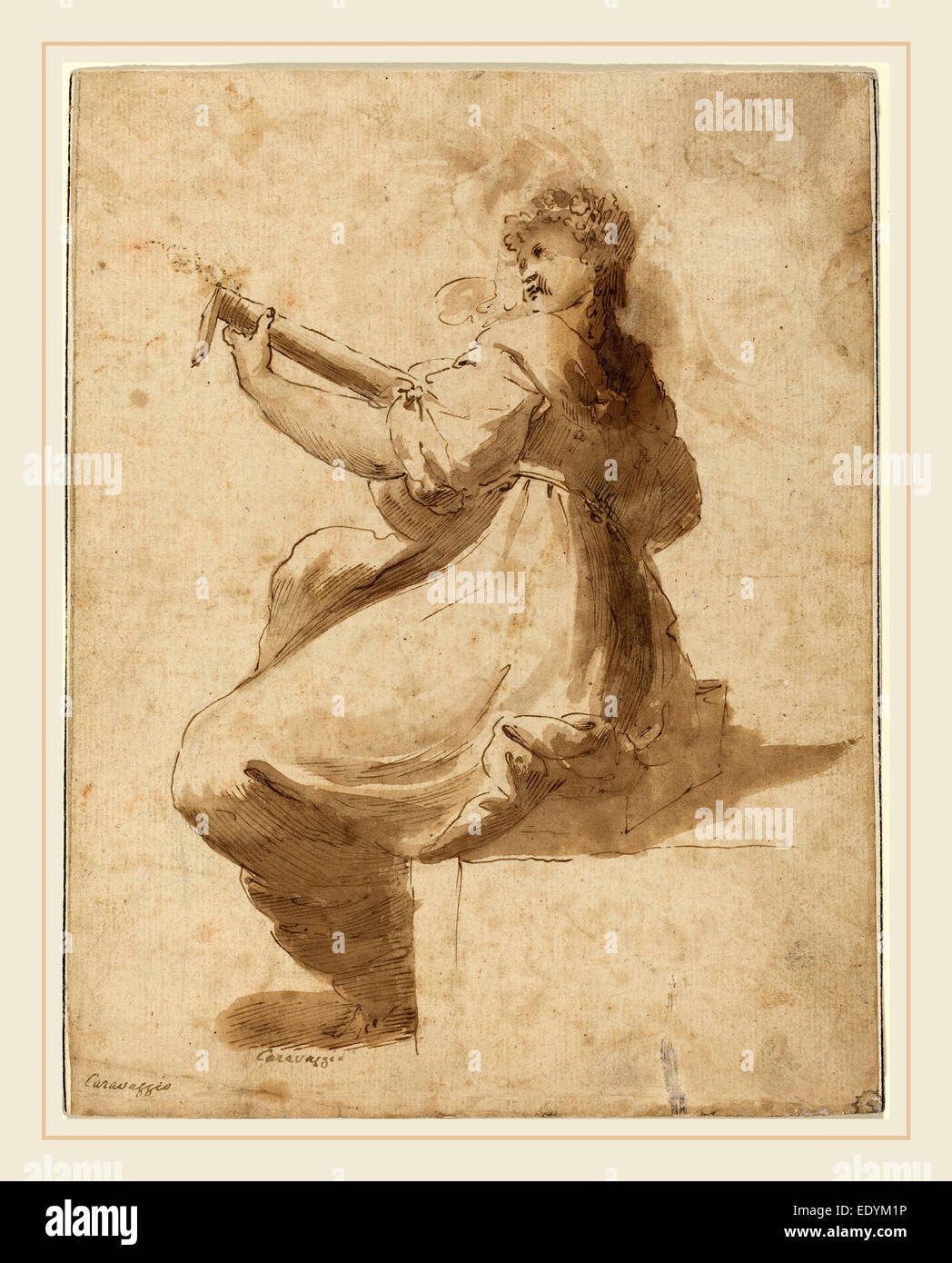 Dopo Orazio Gentileschi, Il Liuto Player, XVIII secolo, penna e inchiostro bruno marrone con lavaggio a cui la carta Foto Stock
