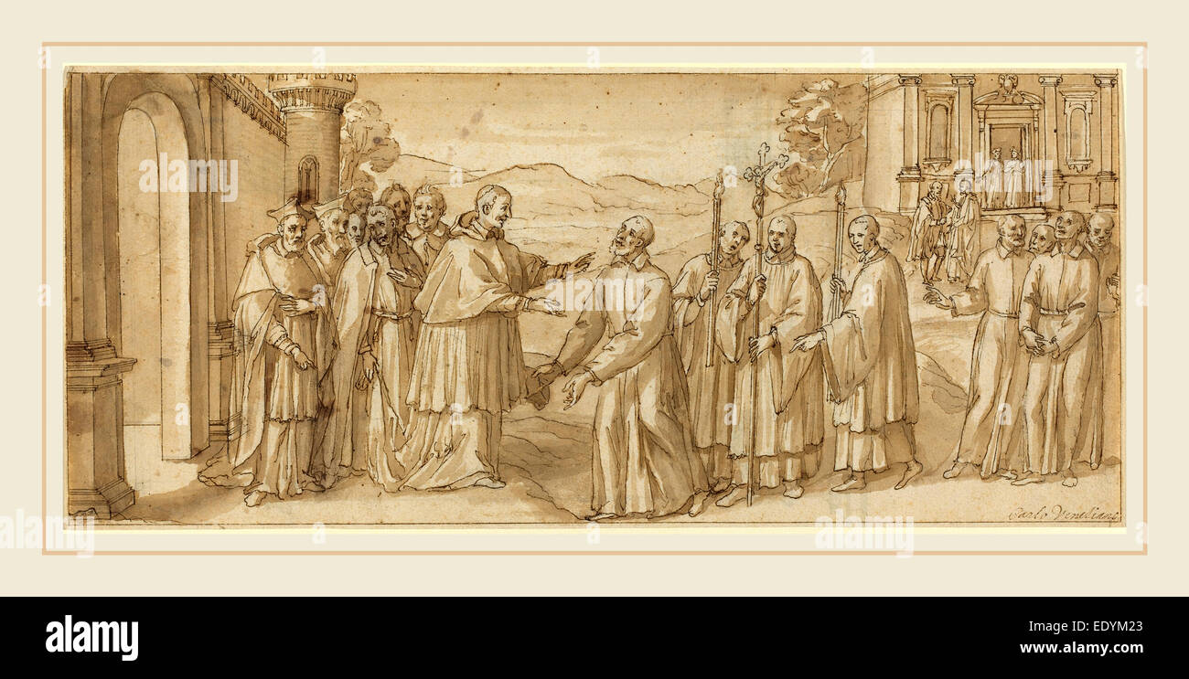 L'italiano del XVII secolo, l'incontro di San Carlo Borromeo e San Filippo Neri, c. 1600, a penna e inchiostro bruno marrone con il lavaggio Foto Stock