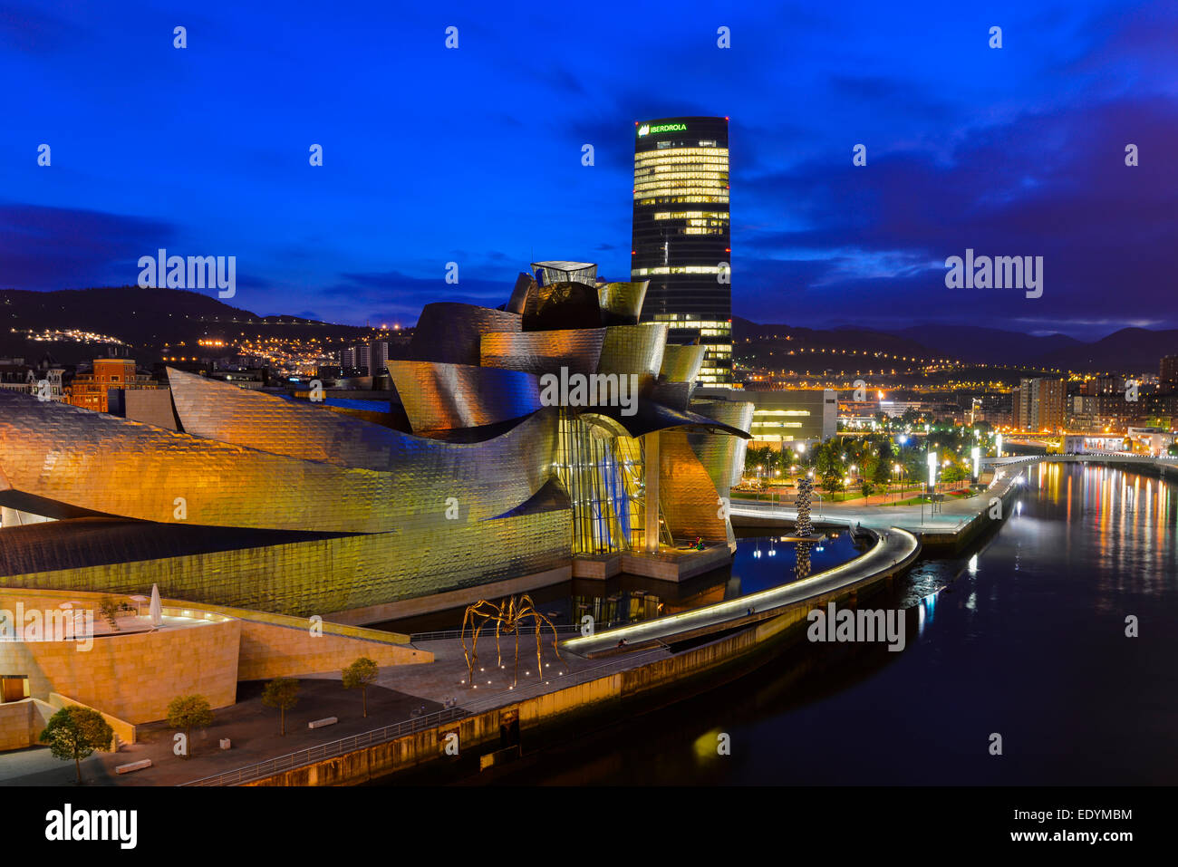 Museo Guggenheim Bilbao di Frank Gehry, Nervion River, Bilbao, Paese Basco, provincia di Biscaglia, Spagna Foto Stock