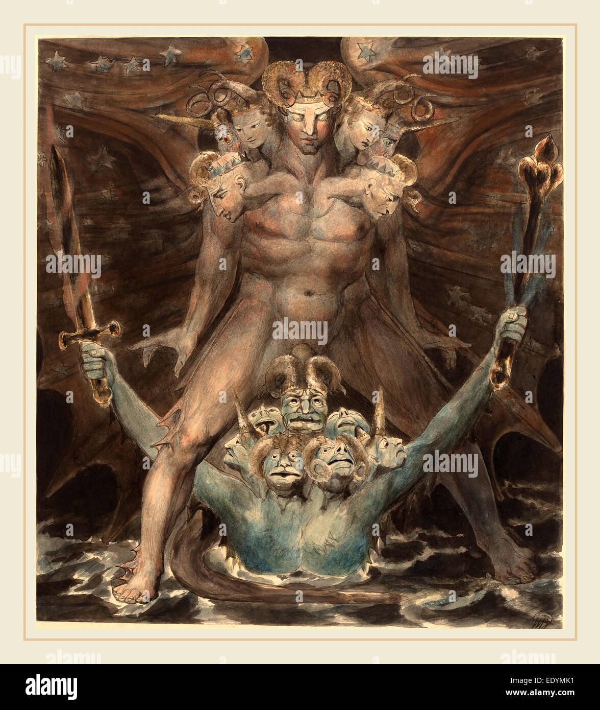 William Blake, British (1757-1827), il grande drago rosso e la Bestia dal mare, c. 1805, penna e inchiostro con acquarello Foto Stock