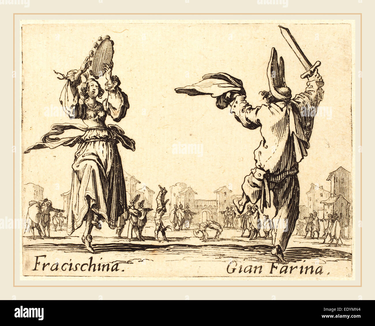 Jacques Callot, francese (1592-1635), Fracischina e Gian Farina, c. 1622, di attacco Foto Stock