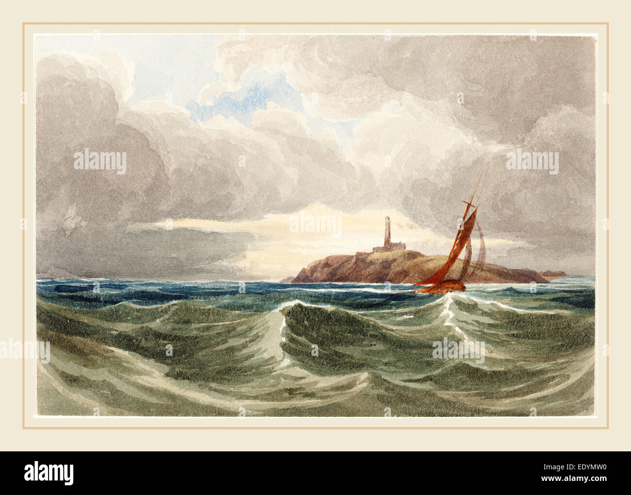 Attribuito a James Bulwer, British (1794-1879), Seascape con faro, acquerello Foto Stock