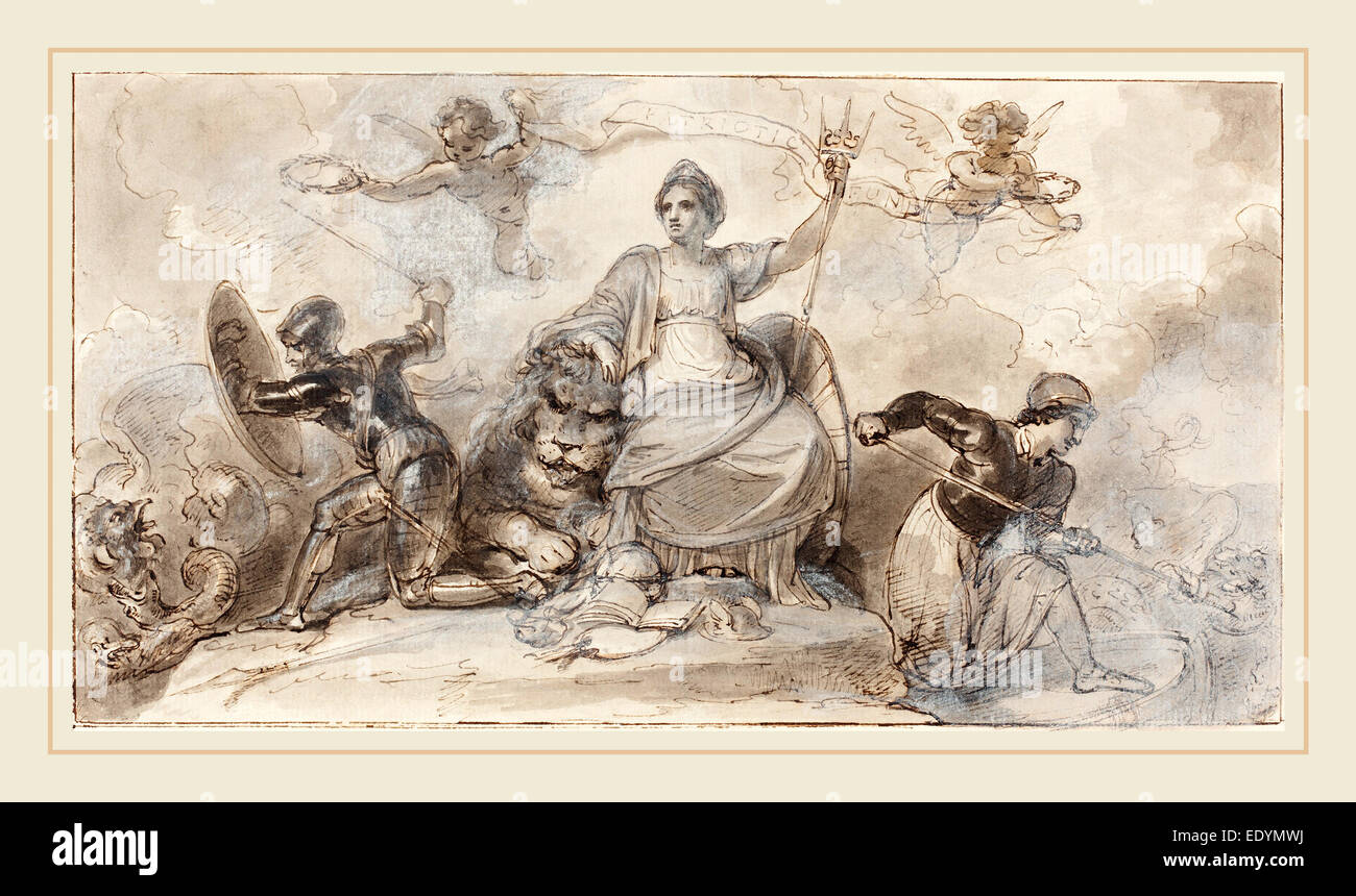 Robert Smirke, British (1752-1845), Fondo patriottica, penna e inchiostro bruno con lavaggio grigio intensificato con bianco su cui la carta Foto Stock