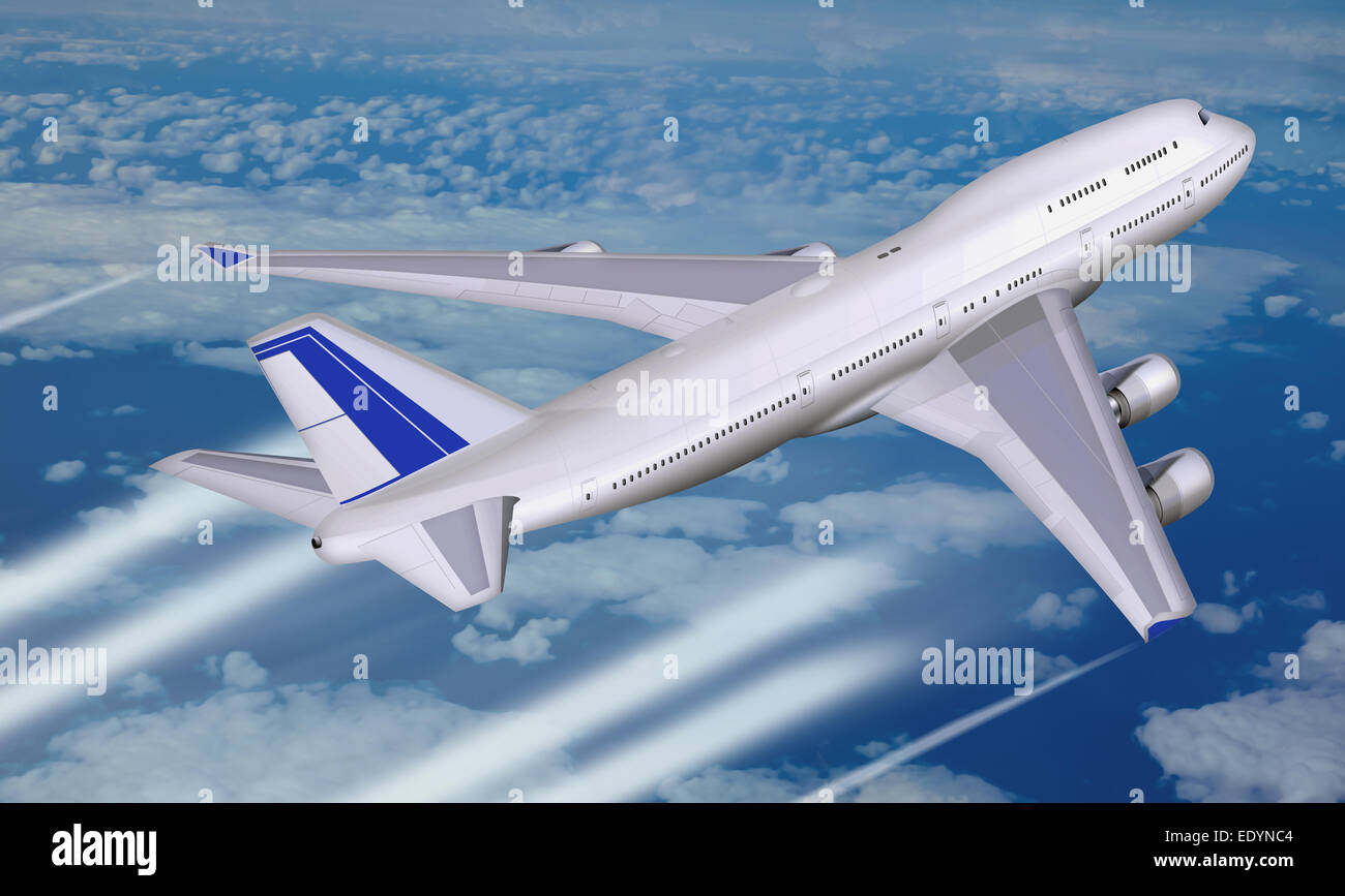 I jumbo jet, aereo commerciale al di sopra delle nuvole, illustrazione Foto Stock