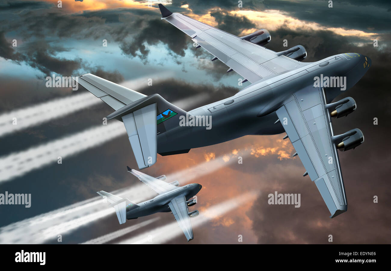 2 C17 i velivoli militari da trasporto, aerei militari nel cielo di sera, illustrazione Foto Stock