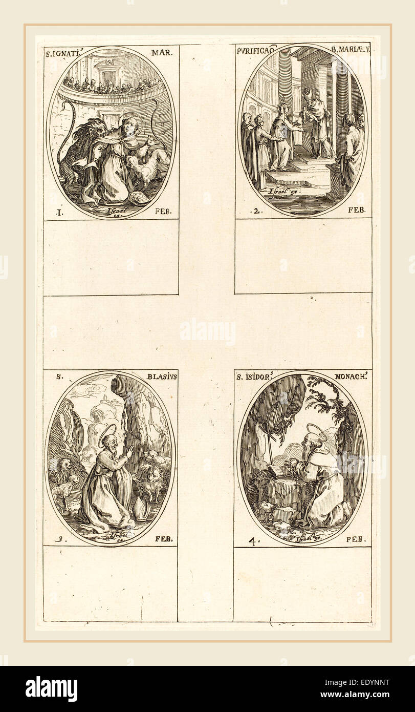 Jacques Callot, francese (1592-1635), Sant Ignazio; La Purificazione della Vergine; San Biagio; Sant Isidoro, attacco Foto Stock