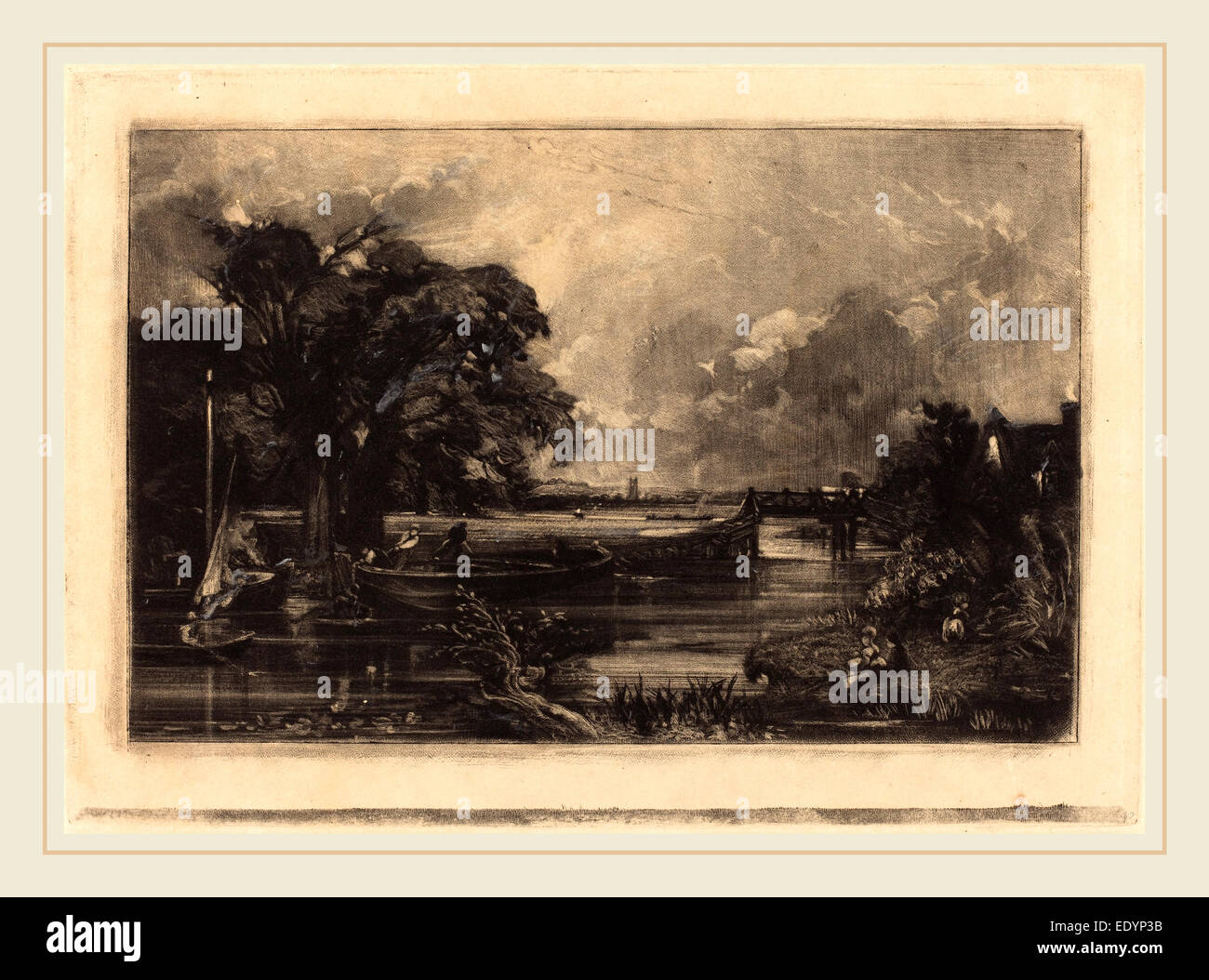 David Lucas dopo John Constable, British (1802-1881), il fiume Stour, Suffolk, 1830, mezzatinta su carta vergata [prova] Foto Stock