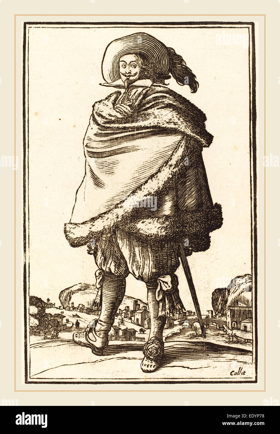 Dopo Jacques Callot, uomo nobile e avvolto in un mantello rifinito con pelliccia, xilografia Foto Stock