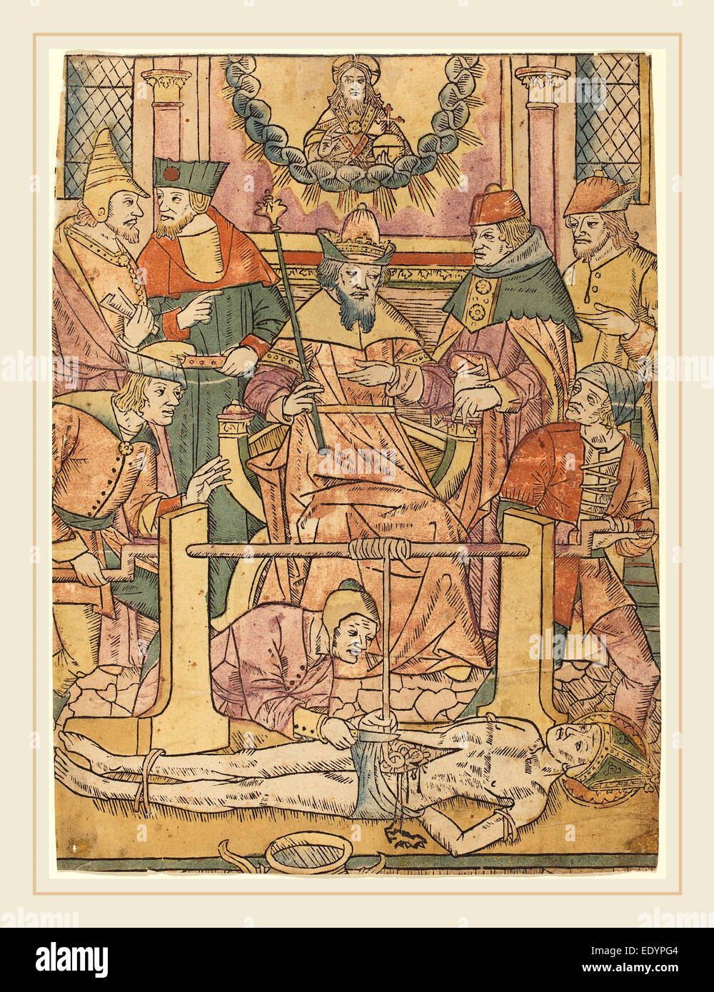 Il francese del XV secolo, il Martirio di Sant'Erasmo, 1480-1490, xilografia, colorate a mano in luce viola, rosa, grigio-verde, giallo Foto Stock