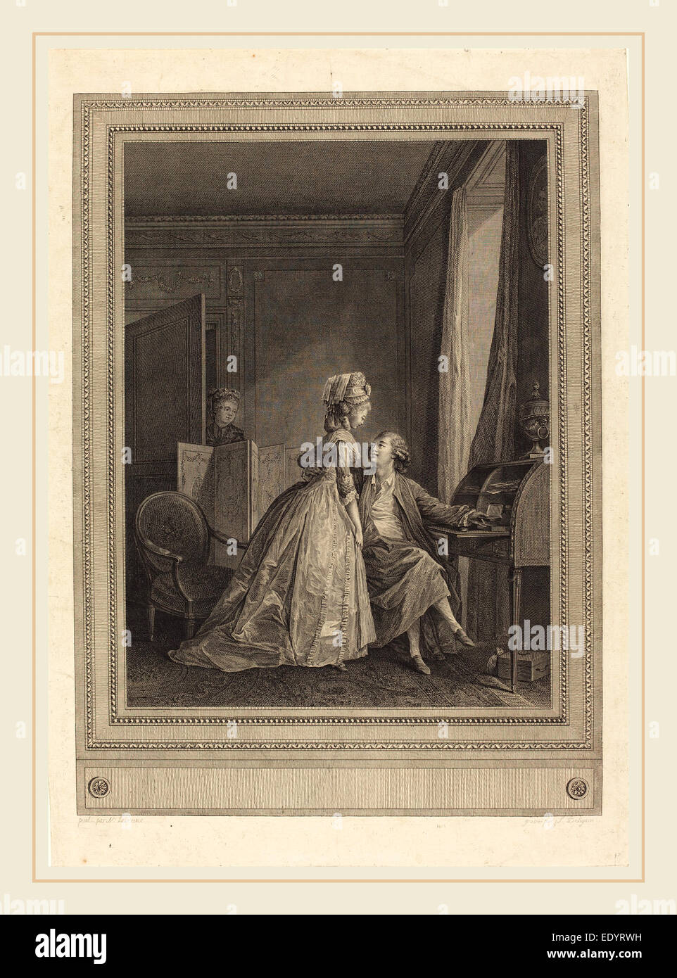 Jean-Louis Delignon dopo Nicolas Lavreince, francese (1755-c. 1804), Les offres seduisantes, 1782, di attacco e di incisione Foto Stock