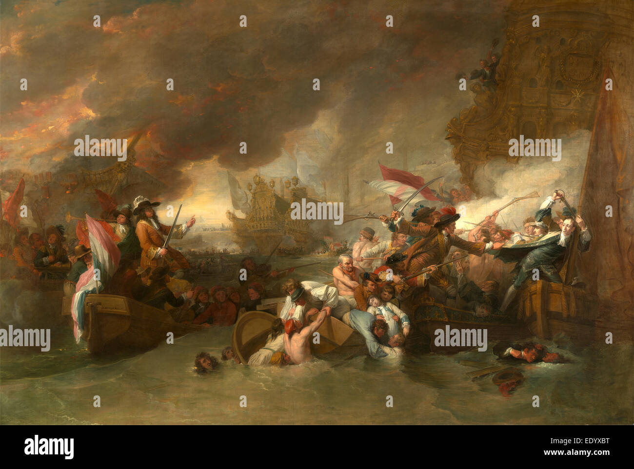 La battaglia di La Hogue firmato e datato in vernice nera, in basso a sinistra: "B. West. 1778, ritoccato 1806.', Benjamin West, 1738-1820 Foto Stock