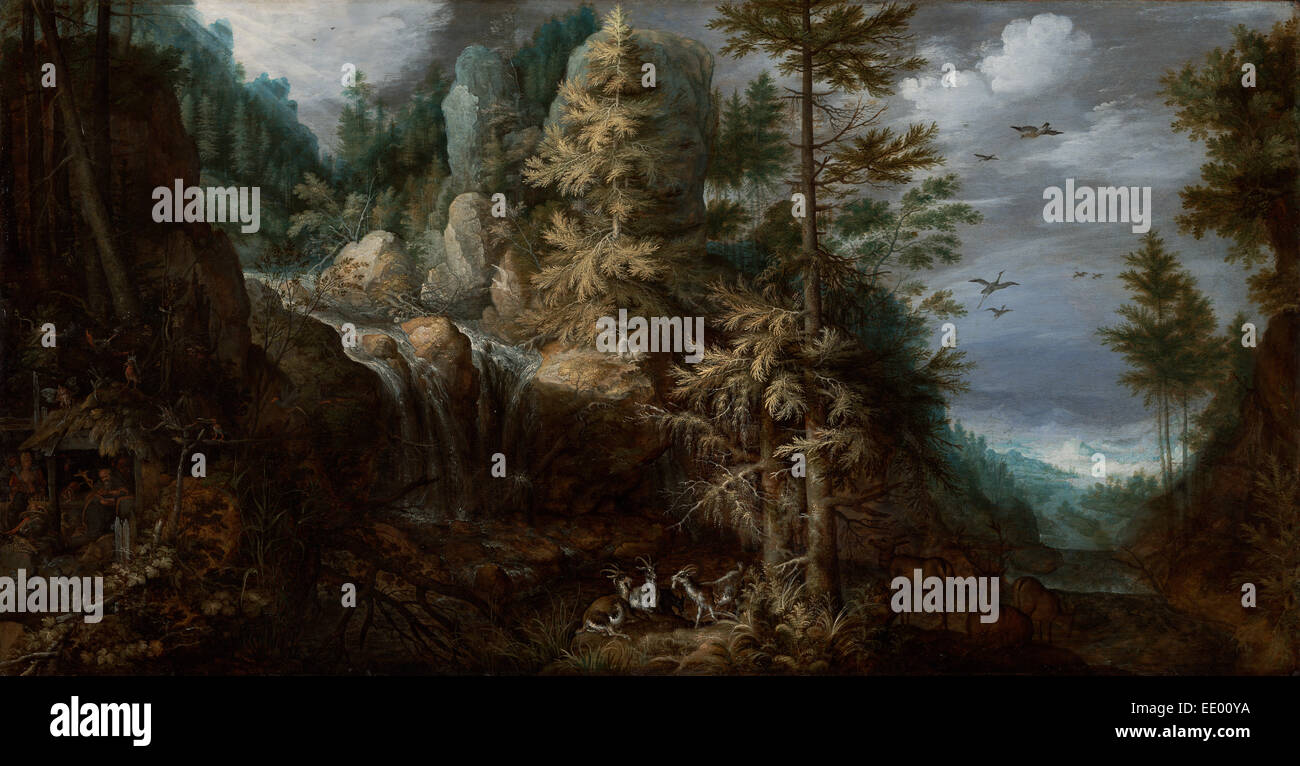 Paesaggio con la Tentazione di Sant Antonio; Roelandt Savary, fiammingo, 1576 - 1639; Paesi Bassi, Europa; 1617; olio su pannello Foto Stock