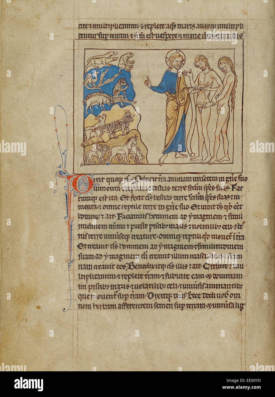 La creazione degli animali e di Adamo ed Eva; sconosciuta; Inghilterra, Europa; circa 1250 - 1260; Pen-e-disegni a inchiostro Foto Stock