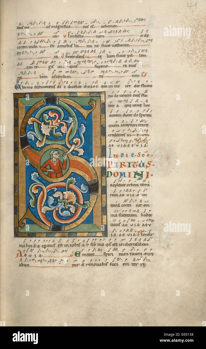 Abitata iniziale S; sconosciuta; Hildesheim, Germania, Europa; probabilmente 1170s; tempere, foglia oro, foglia argento, e inchiostro Foto Stock