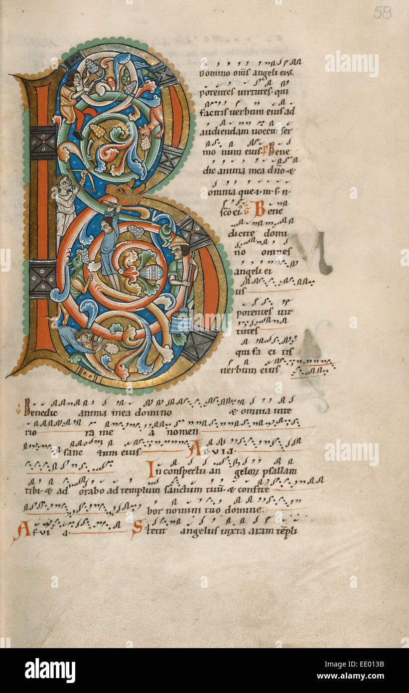 Abitata iniziali di B; sconosciuta; Hildesheim, Germania, Europa; probabilmente 1170s; tempere, foglia oro, foglia argento, e inchiostro Foto Stock