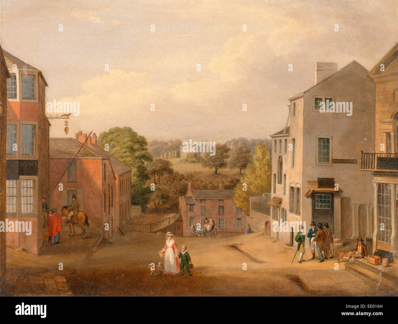 Scena di strada a Chorley, Lancashire, con una vista di Chorley Hall, John Bird di Liverpool, 1768-1829, inglese britannico Foto Stock