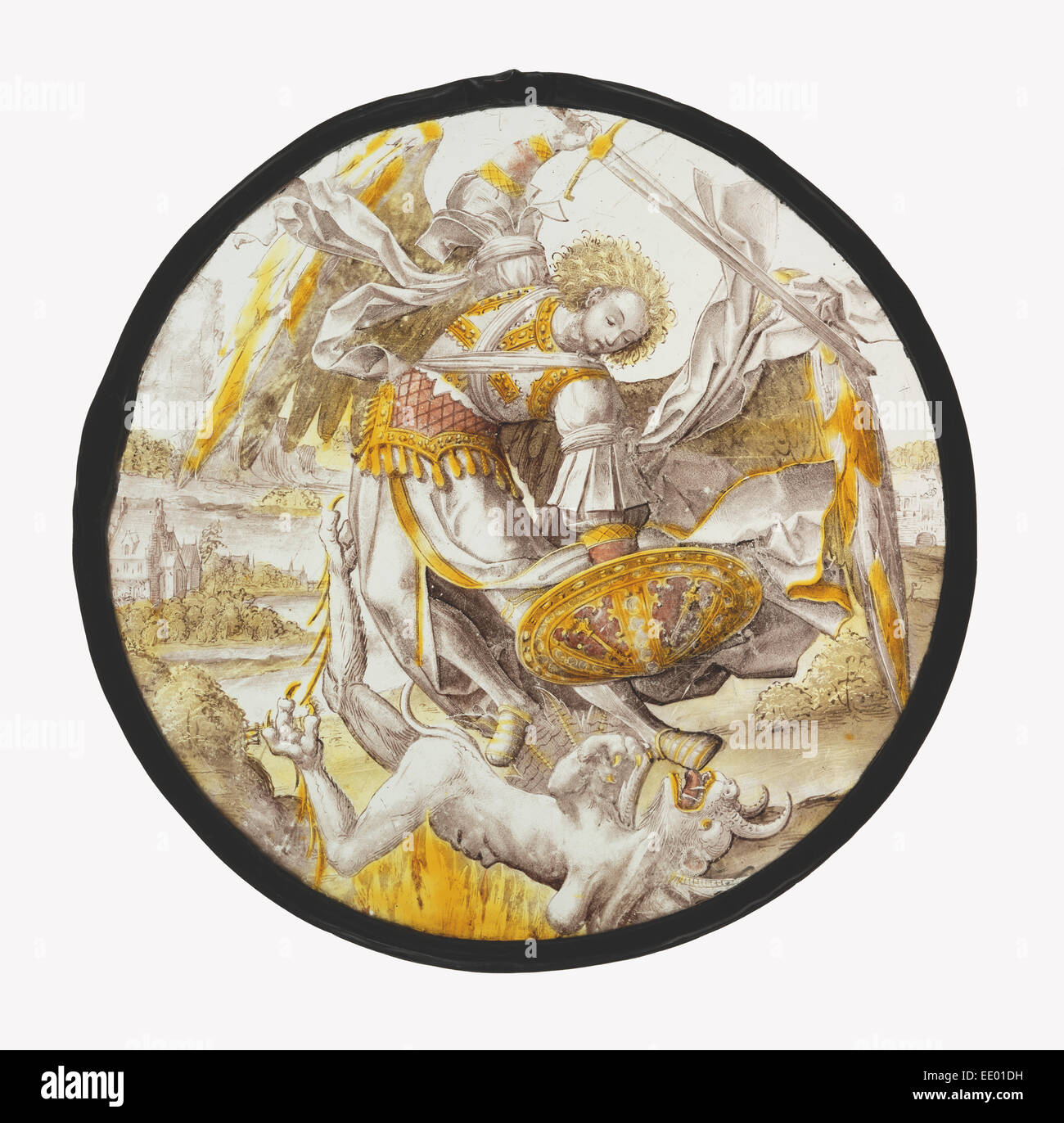L'Arcangelo Michele Quando sconfiggeva il diavolo; Unknown maker, Netherlandish; Paesi Bassi, Europa; circa 1530; vetro incolore Foto Stock